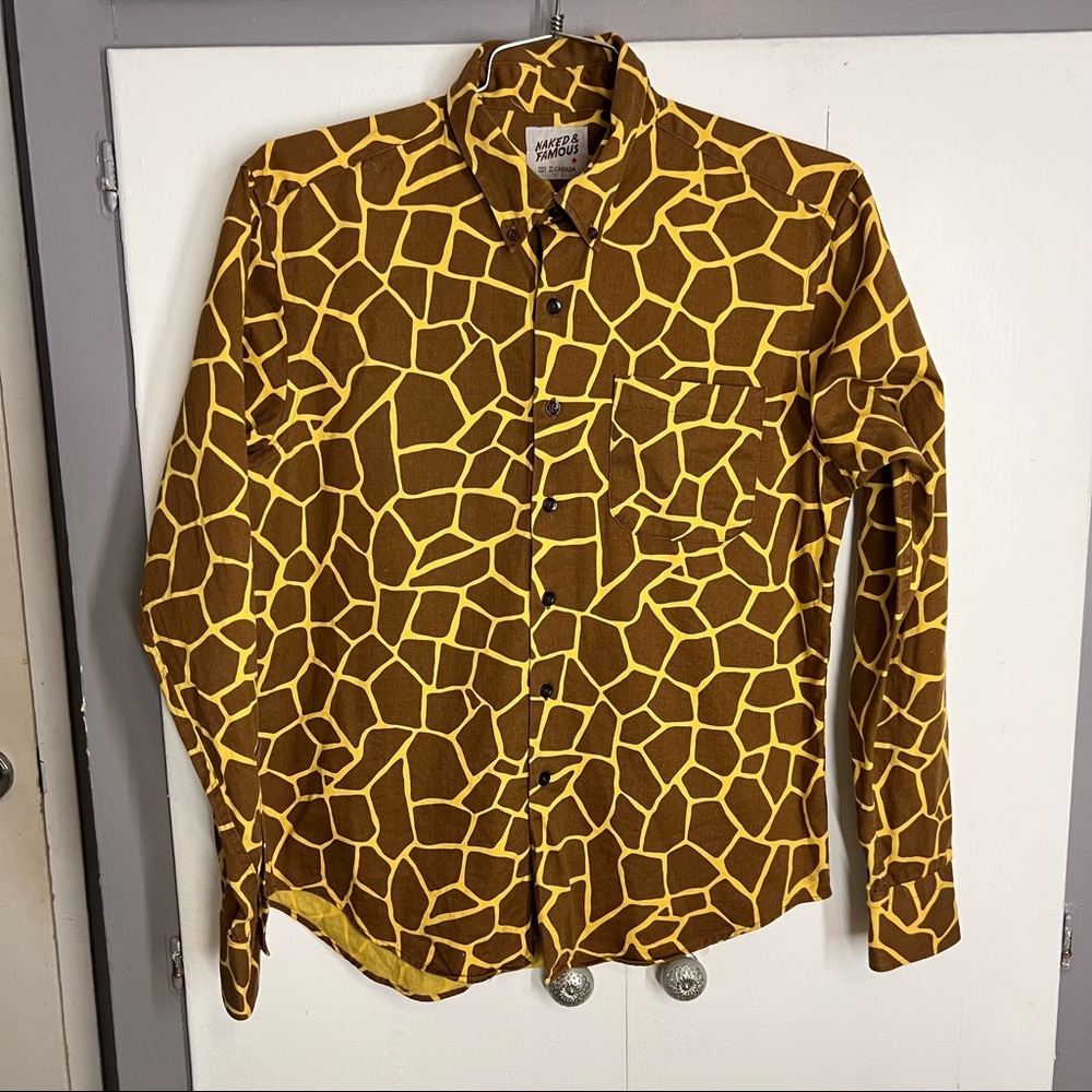 Naked & Famous Brown Giraffe Animal Print Button Up Long sleeve Shirt Size large